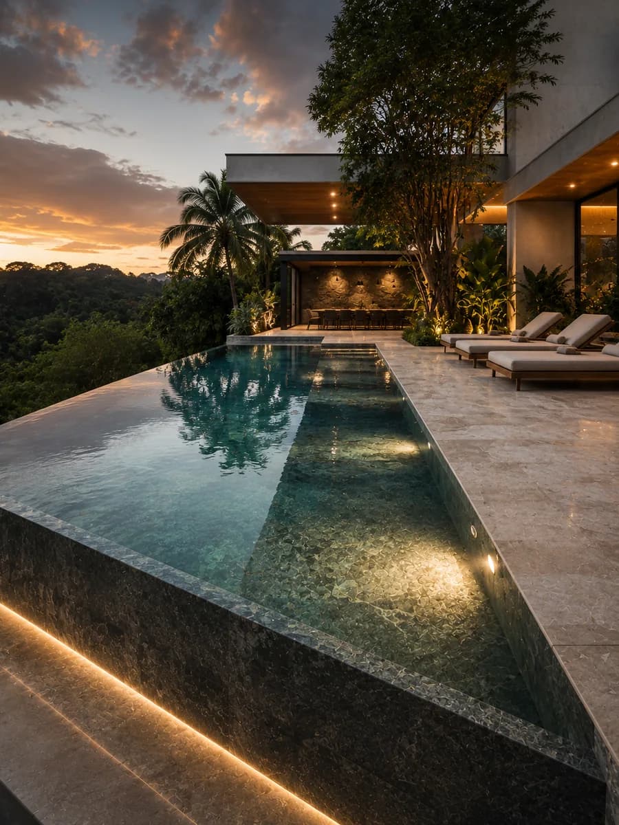 Área externa com piscina de borda infinita revestida em pedra natural ao entardecer