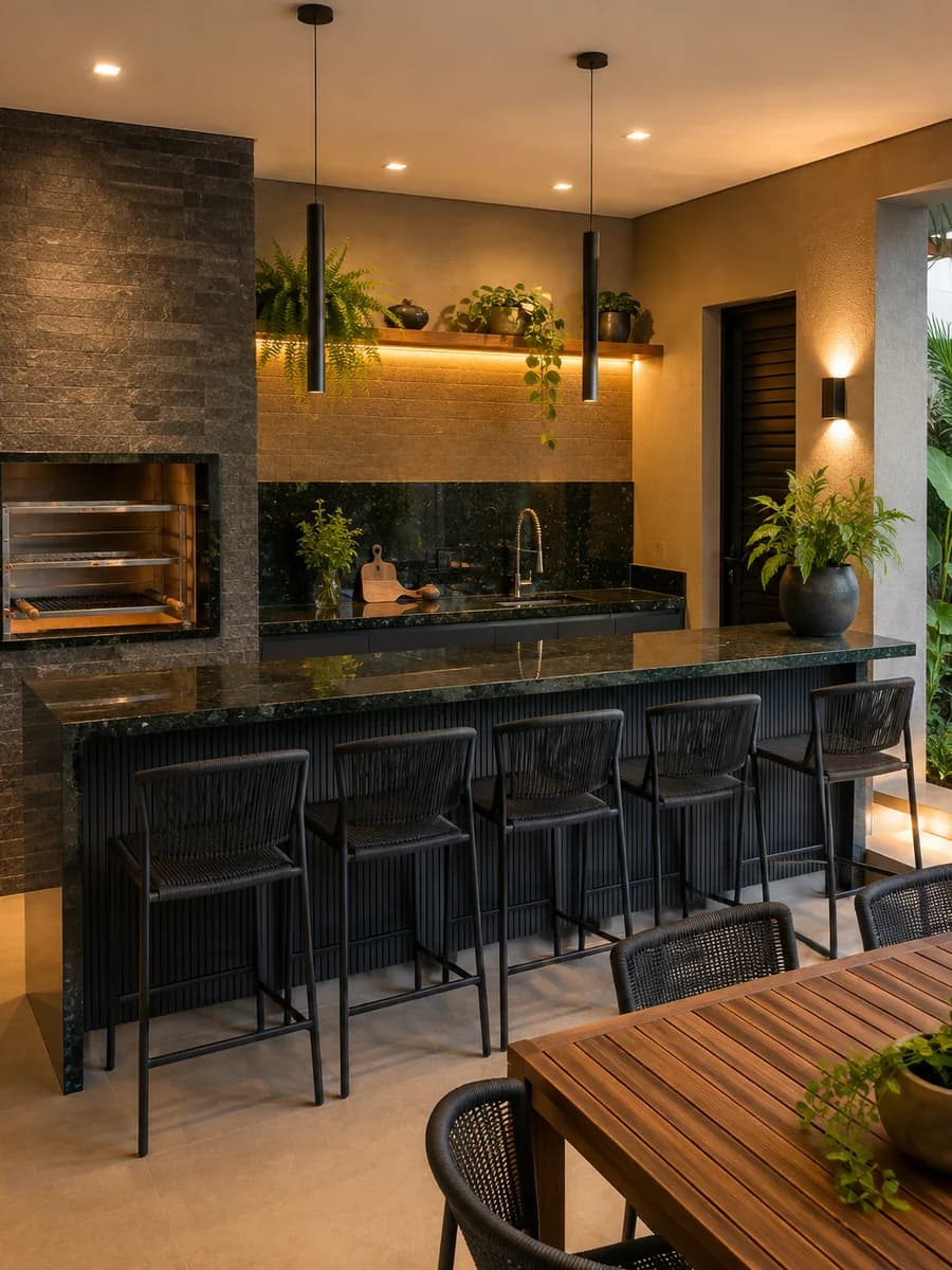 Área gourmet com bancada em granito escuro, churrasqueira embutida e banquetas