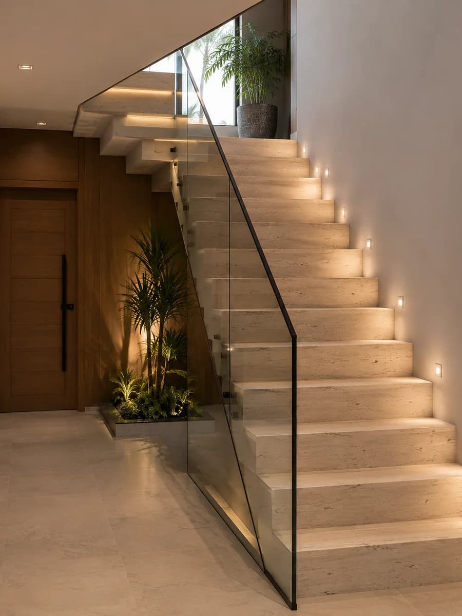Escada em pedra natural clara com guarda-corpo de vidro e iluminação embutida nos degraus