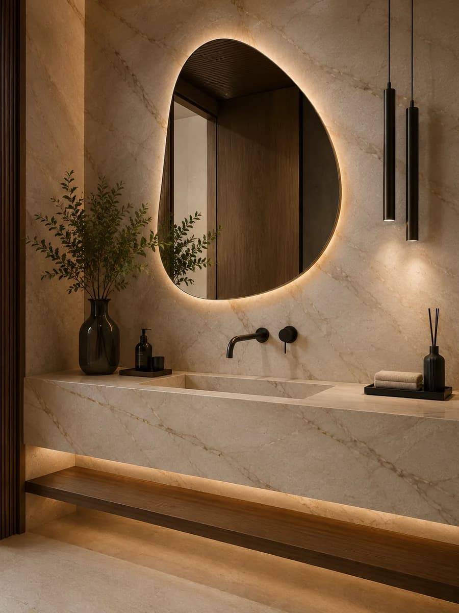 Lavabo com cuba esculpida em pedra natural, espelho orgânico retroiluminado e metais escuros