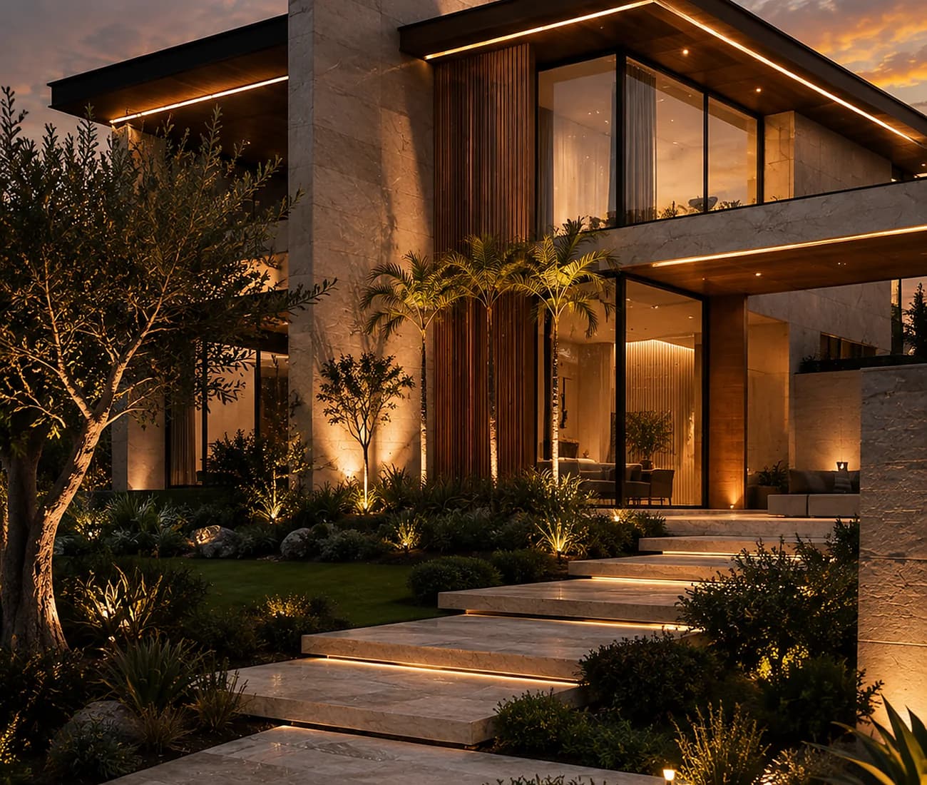 Residência contemporânea de alto padrão com revestimento em pedra natural e iluminação arquitetônica ao entardecer