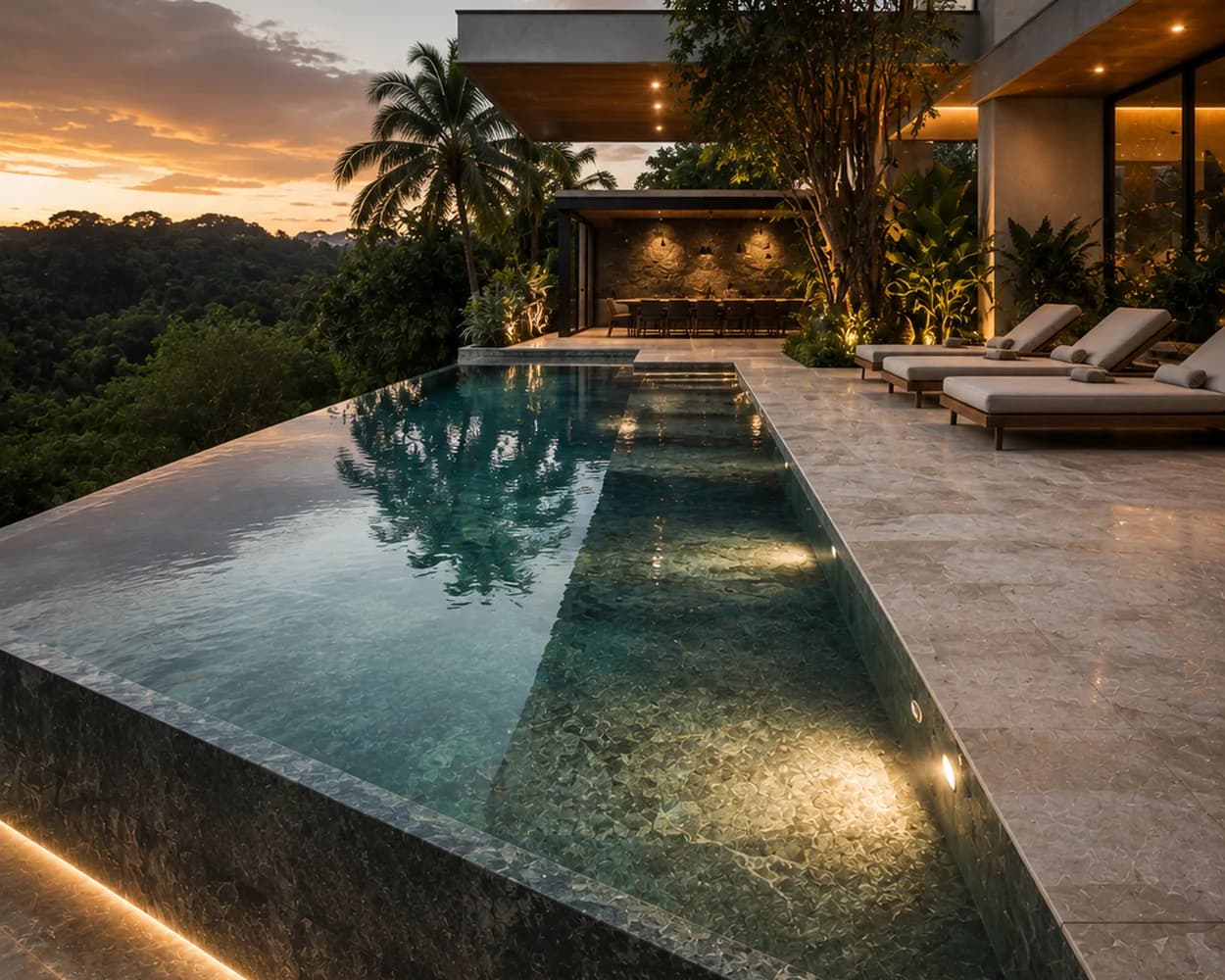 Área externa com piscina de borda infinita revestida em pedra natural ao entardecer