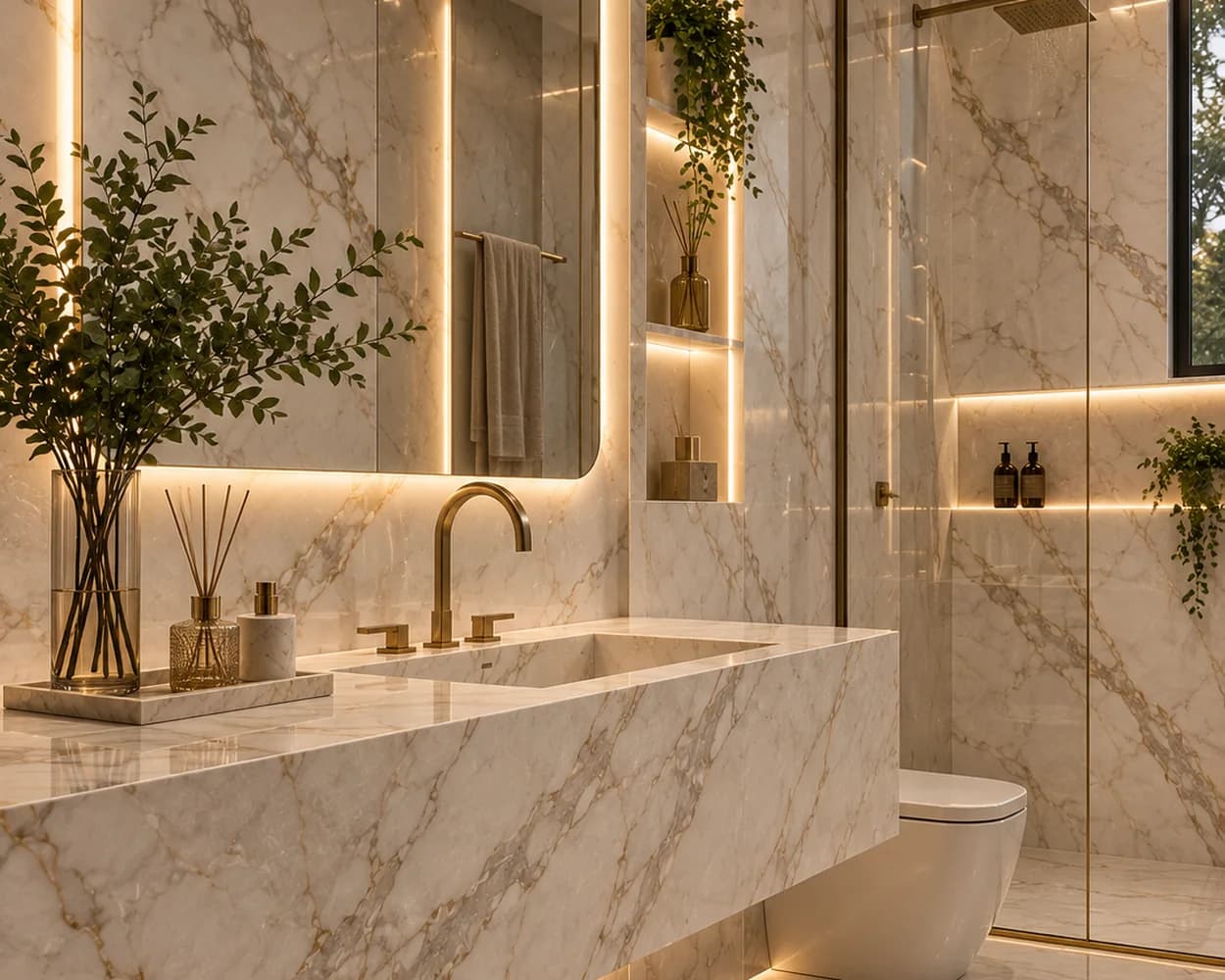 Banheiro contemporâneo revestido em mármore claro com bancada esculpida e iluminação indireta