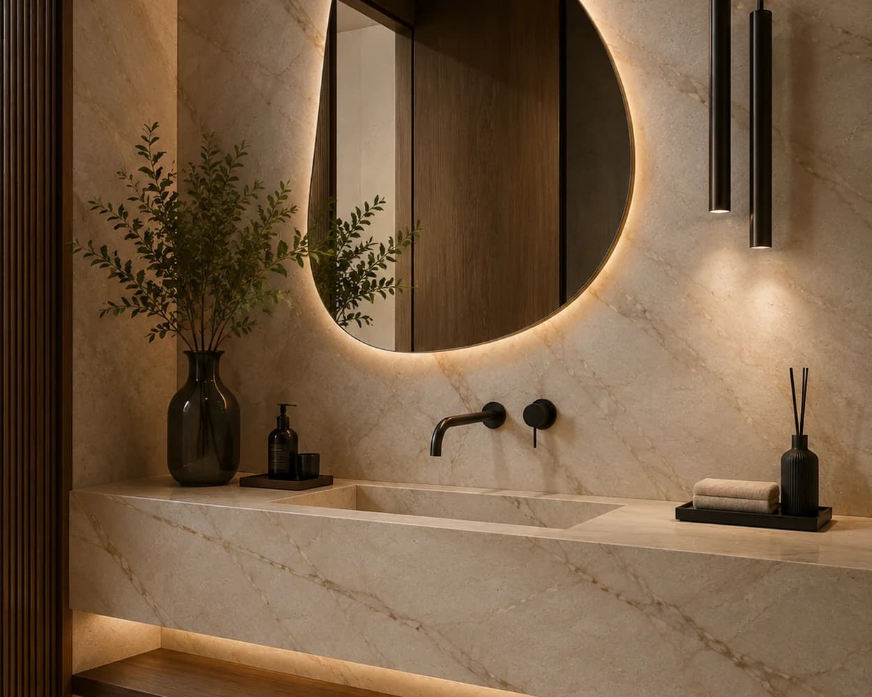 Lavabo com cuba esculpida em pedra natural, espelho orgânico retroiluminado e metais escuros