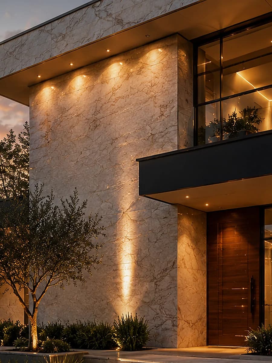 Fachada do showroom revestida em pedra natural, com iluminação arquitetônica quente, porta em madeira e paisagismo ao entardecer