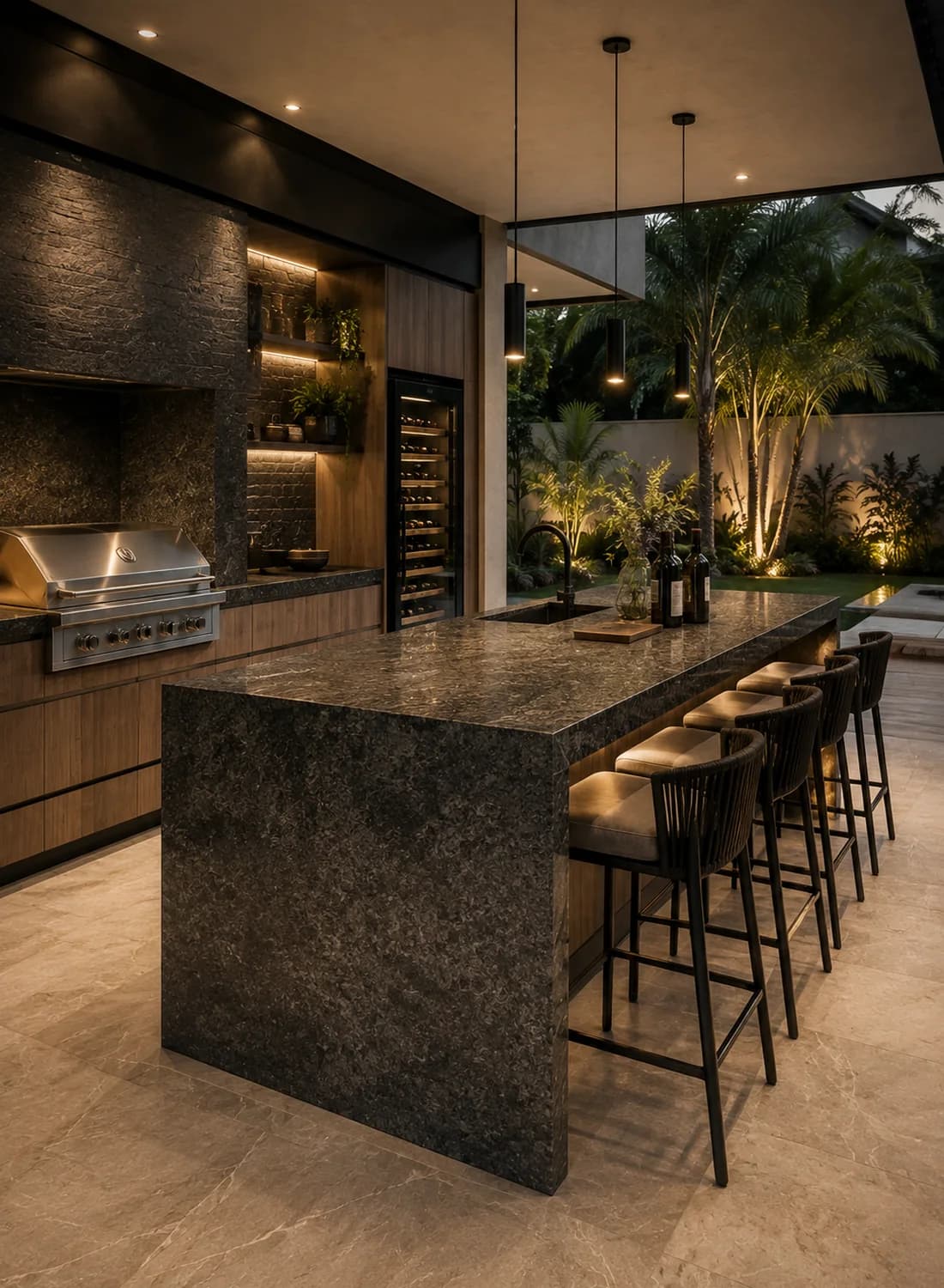 Área gourmet integrada ao jardim com ilha em granito escuro iluminada ao entardecer