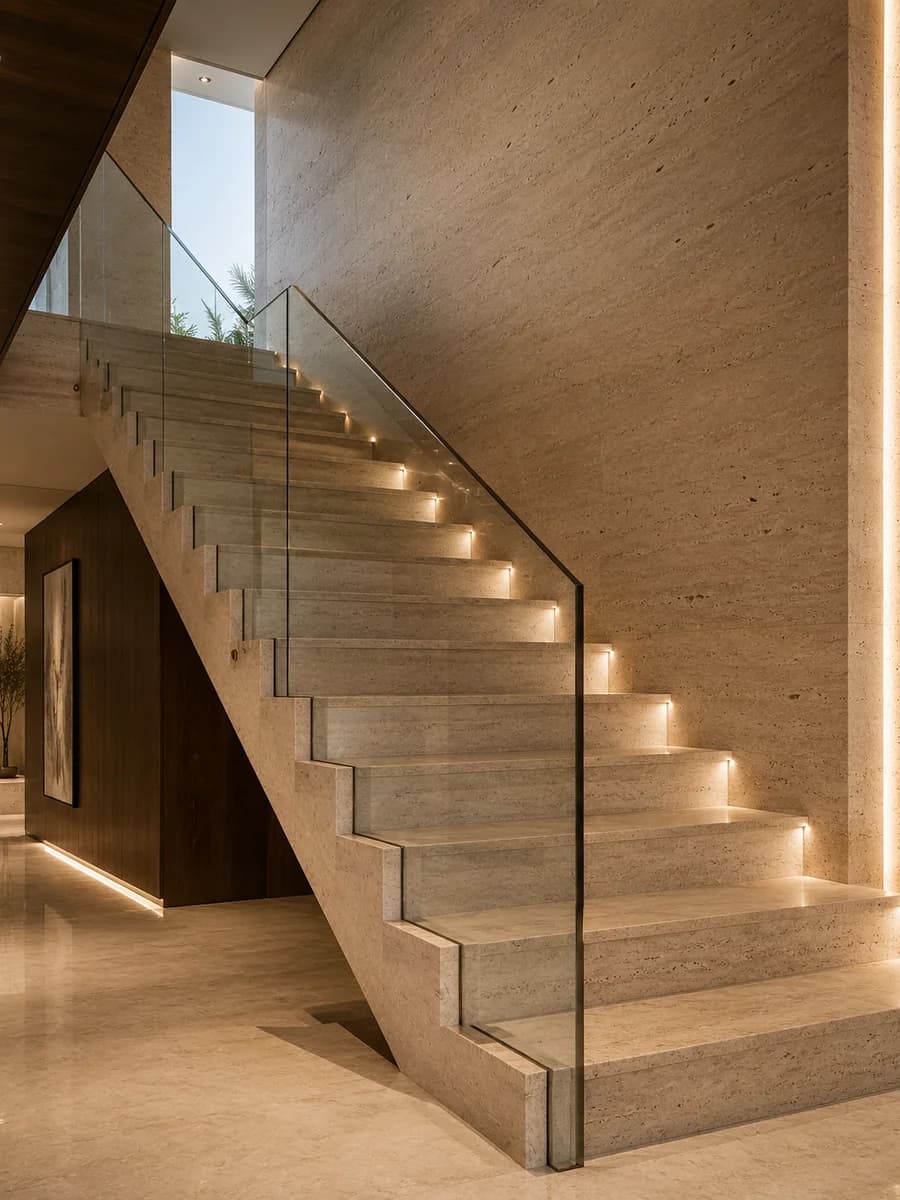 Escada revestida em pedra natural com iluminação linear nos degraus