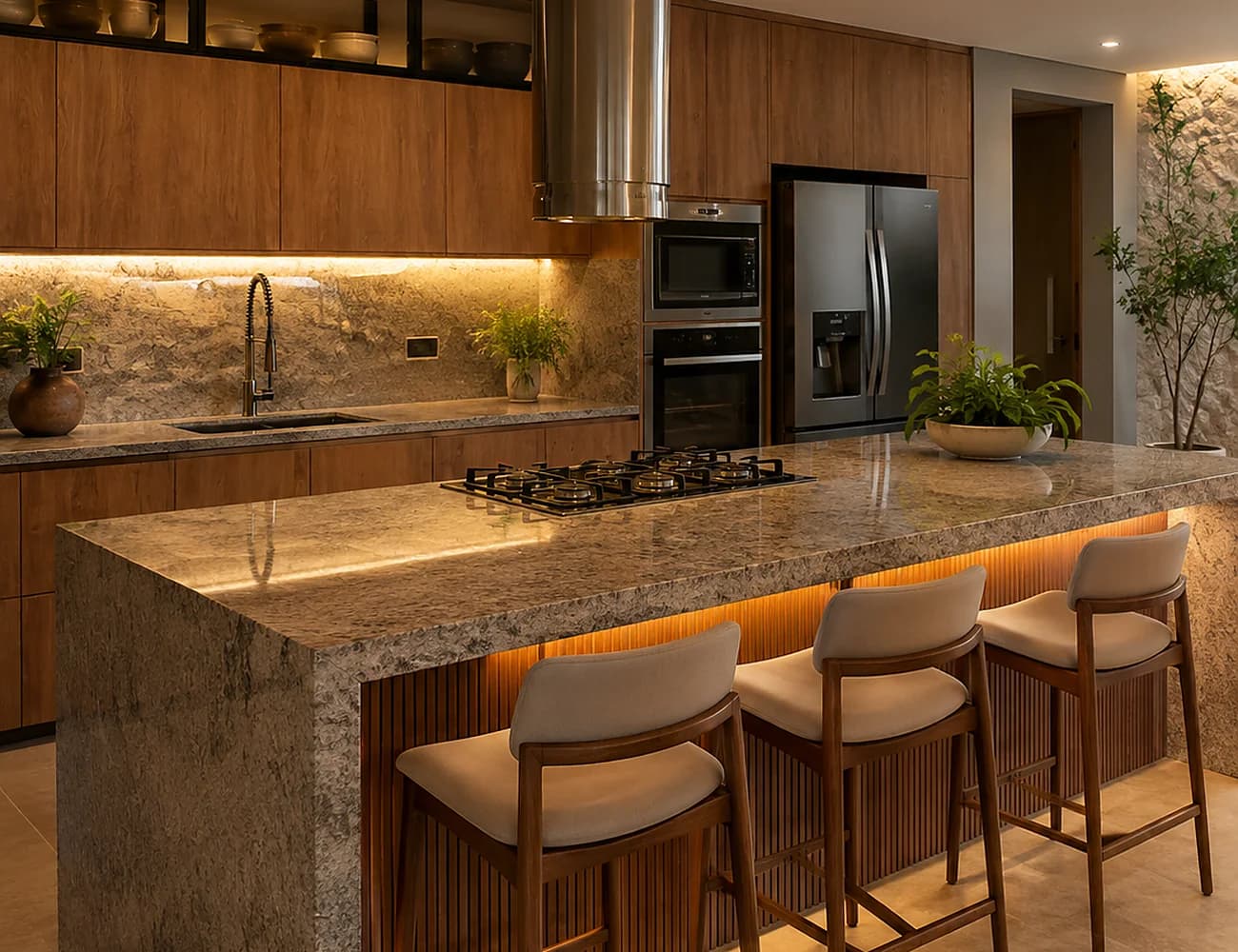 Cozinha contemporânea com ilha em granito, marcenaria de madeira natural e iluminação embutida quente