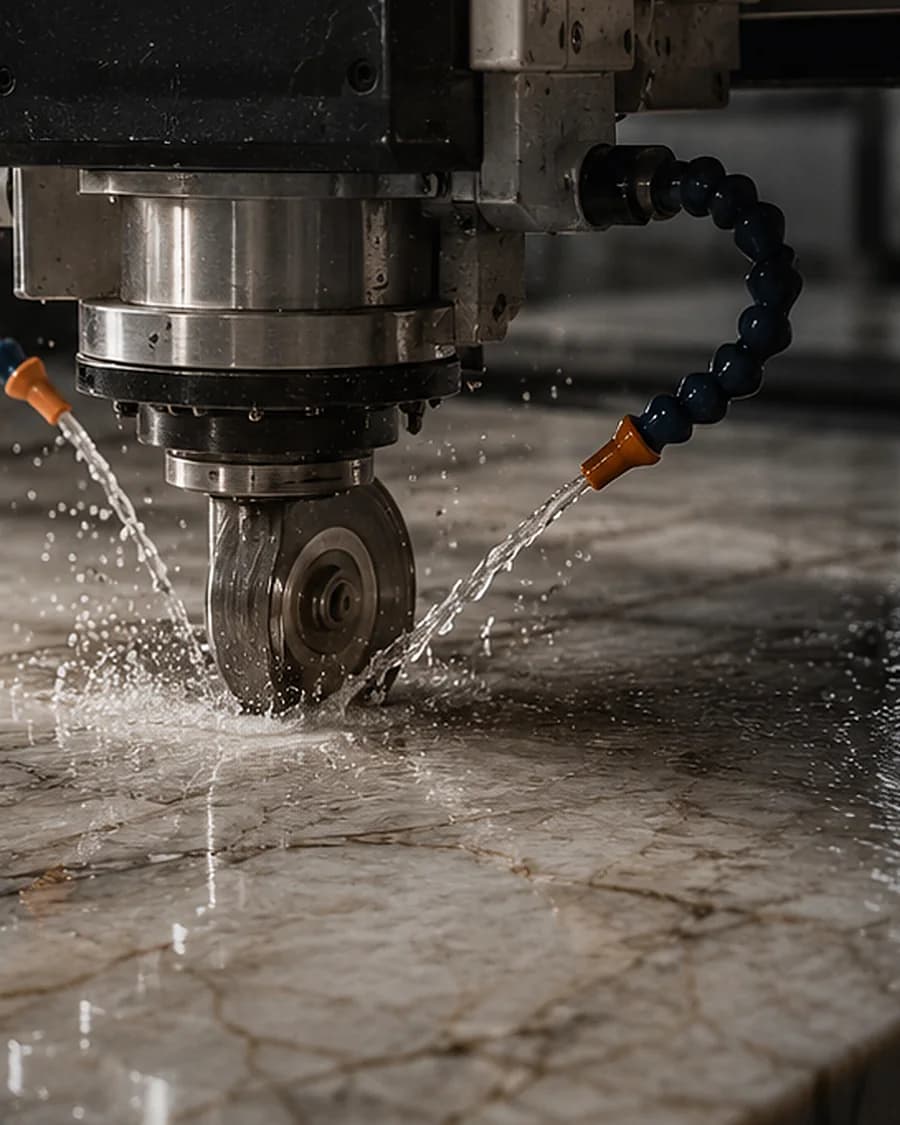 Fresa de máquina CNC cortando uma chapa de pedra natural com jatos de água de refrigeração